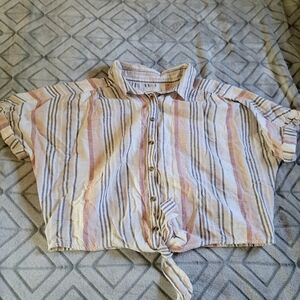American Eagle Womens Striped Buttonndown Crop Top Washed Out Neutrals Size XL